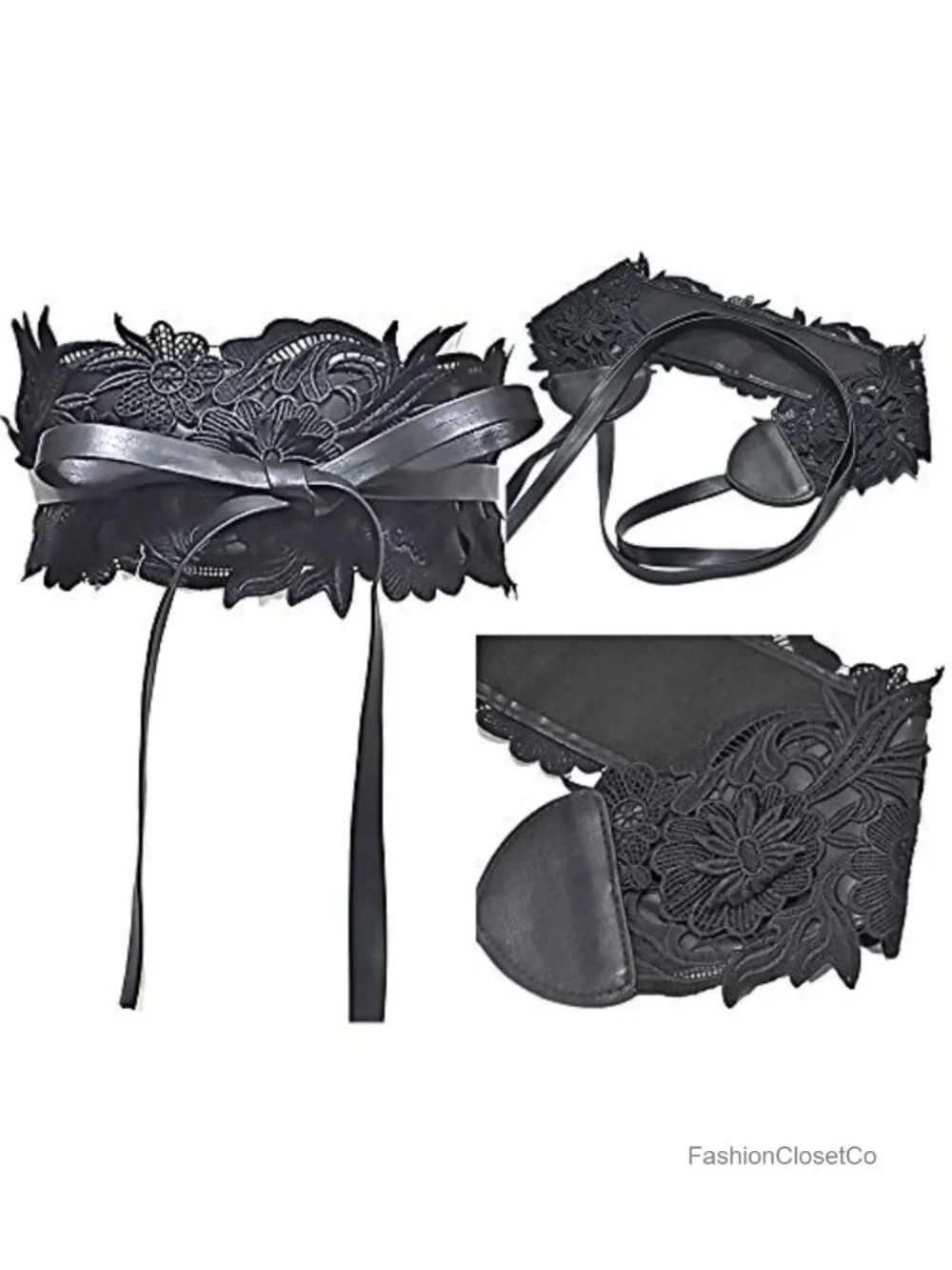 Lace Waist Belt with Faux Leather Bowknot Tie Wrap - Wide Corset Cinch Belt for